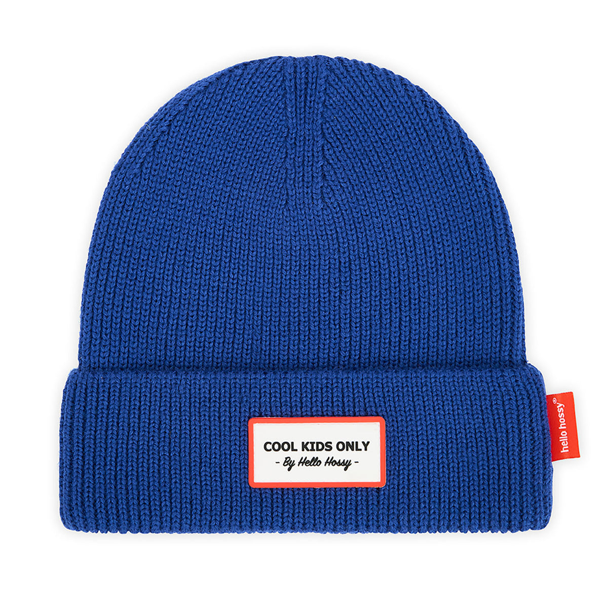Gorro infantil azul com aba larga e etiqueta bordada vermelha Hello Hossy