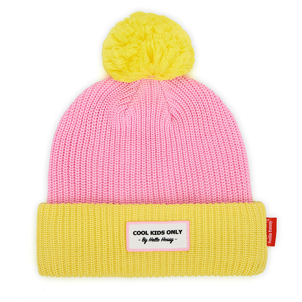 Gorro rosa para criança, rebordo amarelo, pompom amarelo, inscrição bordada Hello Hossy