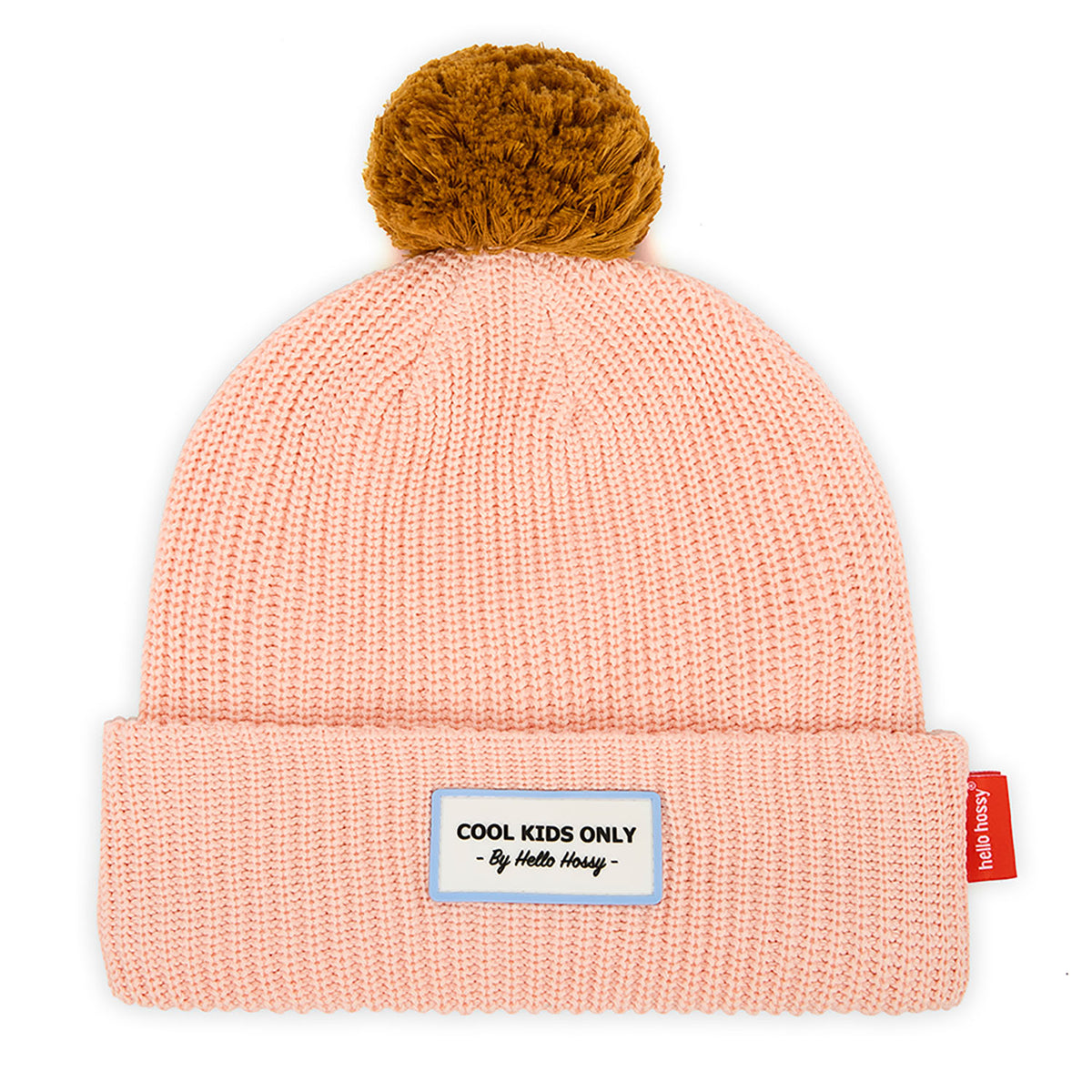 Gorro infantil rosa com pompom castanho e etiqueta bordada Hello Hossy