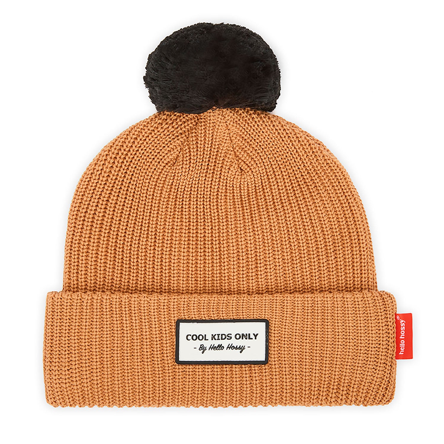 Gorro infantil castanho com pompom preto e etiqueta bordada Hello Hossy