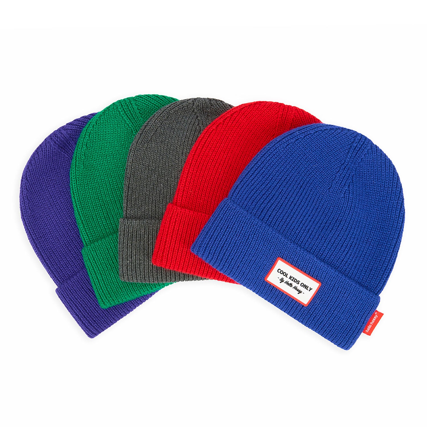 Gorro infantil azul, vermelho, verde, cinzento e violeta com etiqueta bordada Hello Hossy