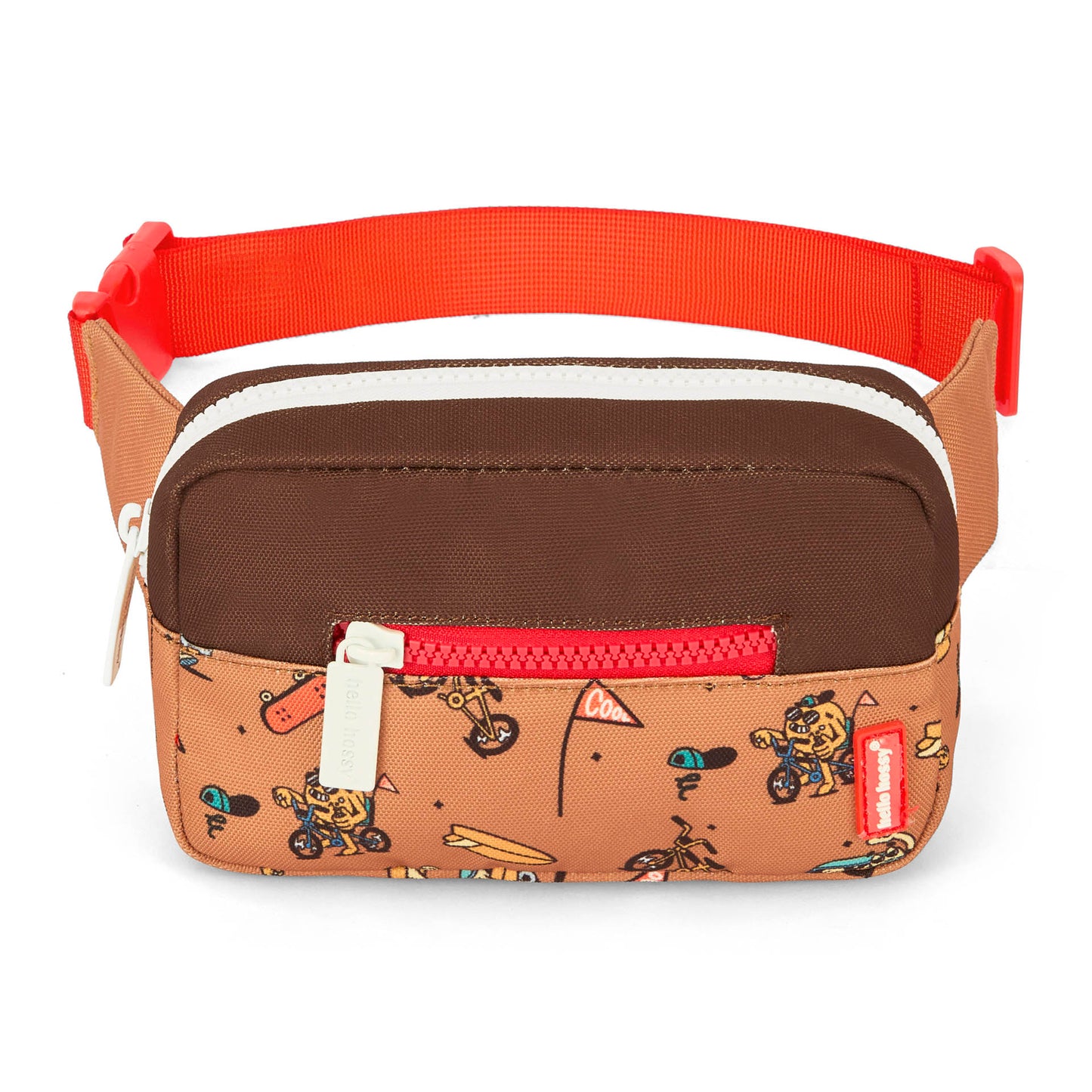 Bolsa de cintura infantil castanha, estampado de mascote de bicicleta, detalhe de fecho Hello Hossy