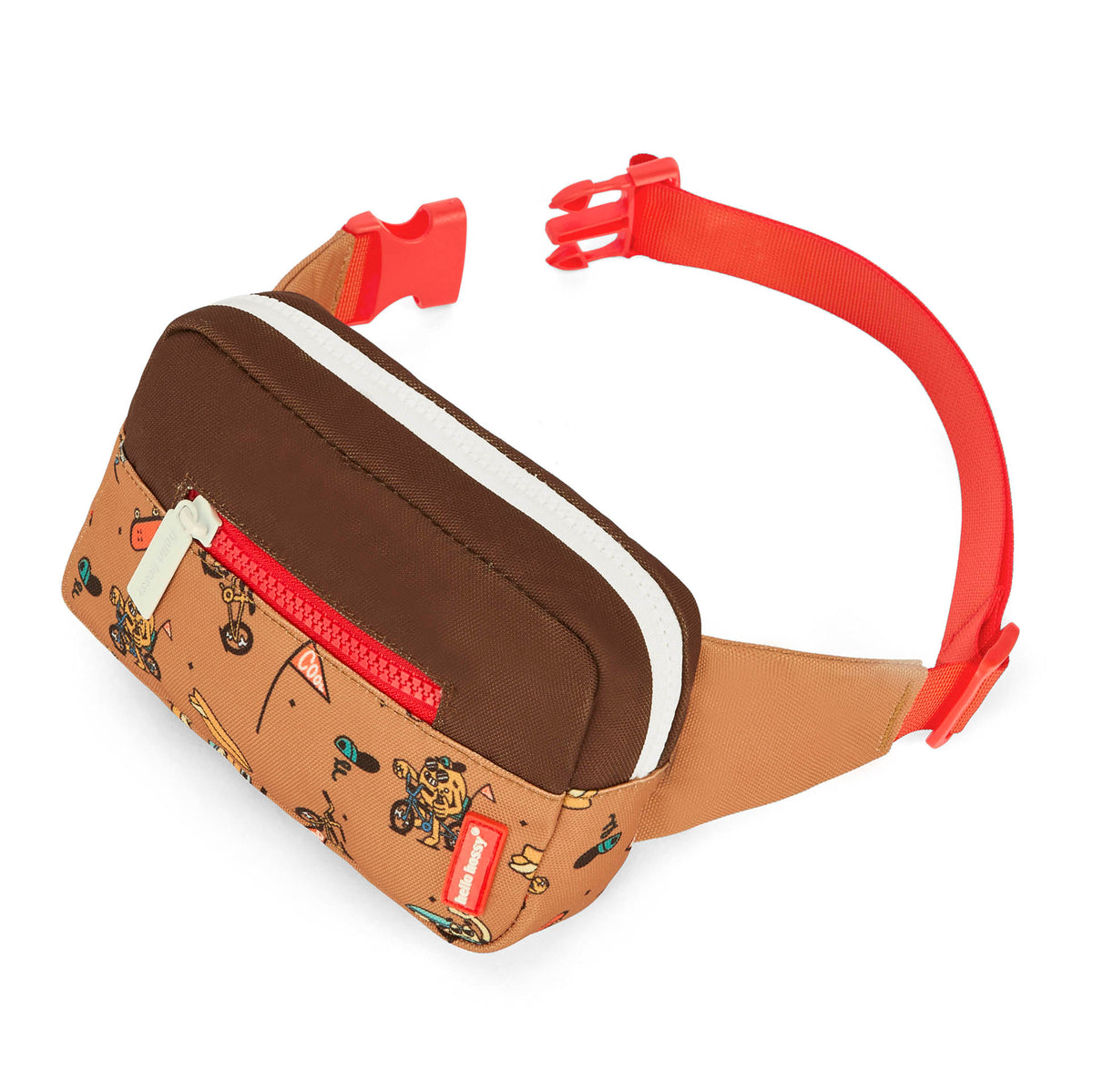 Bolsa de cintura infantil castanha com padrão de mascote bicicleta e fecho vermelho Hello Hossy