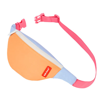 Bolsa de cintura infantil bicolor laranja e azul com alça rosa Hello Hossy