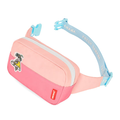 Bolsa de cintura de criança rosa bicolor patch mascote fecho branco alça azul texto Hello Hossy