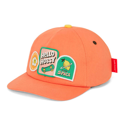 Boné para criança laranja com patch skate e motivo espaço Hello Hossy