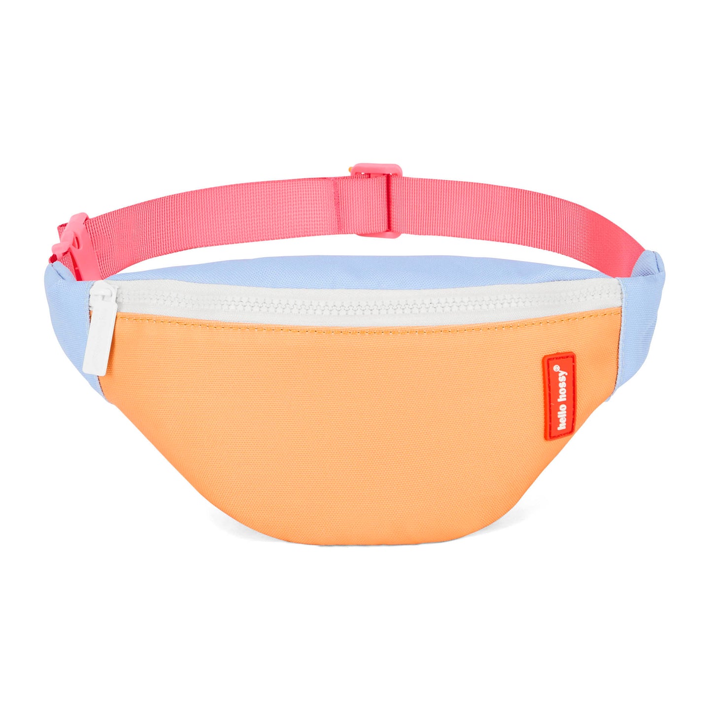 Bolsa de cintura infantil laranja e azul, alça rosa, fecho de correr branco Hello Hossy