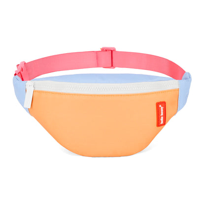 Bolsa de cintura infantil laranja e azul, alça rosa, fecho de correr branco Hello Hossy