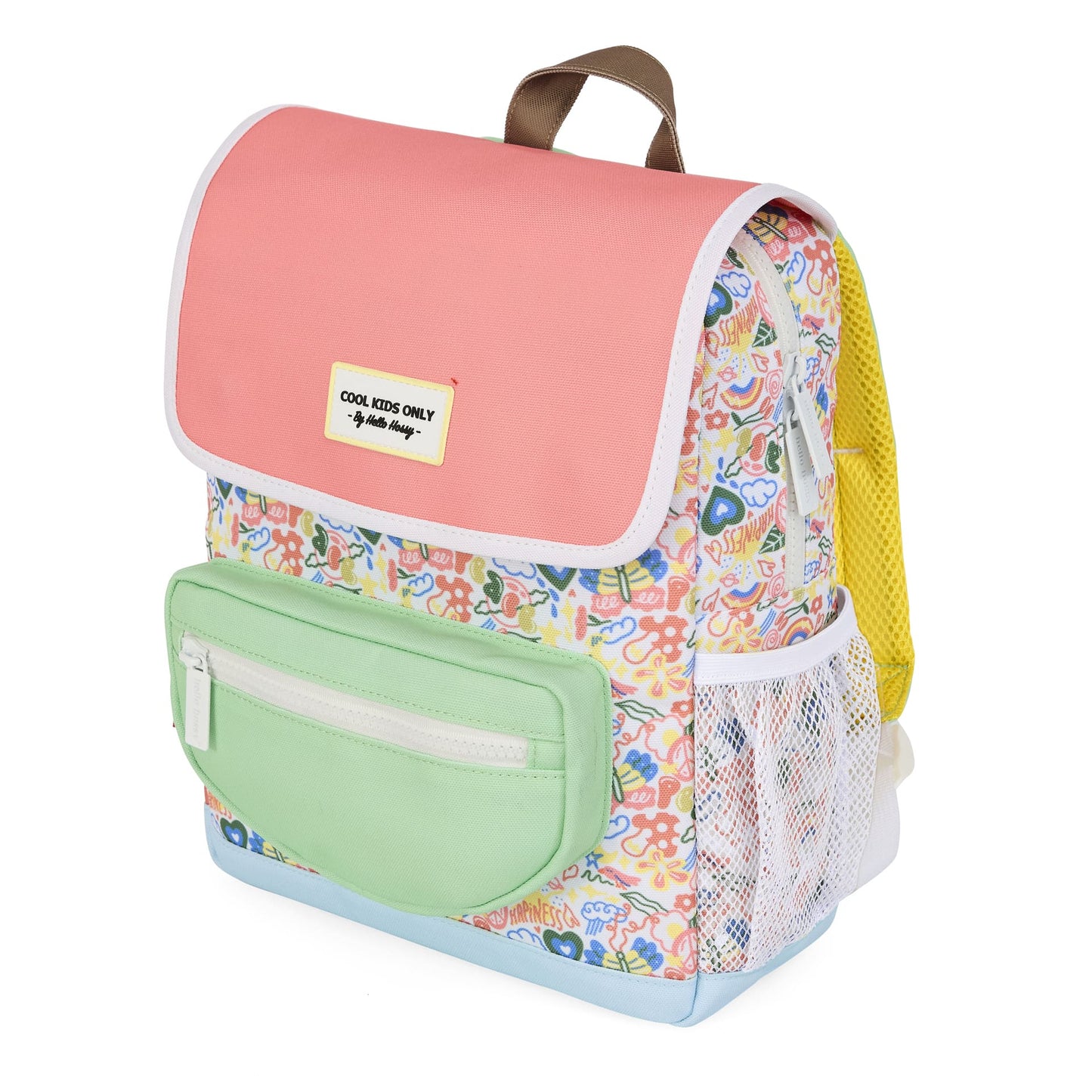 Mochila para criança multicolorida com motivo de arte e bolso verde Hello Hossy