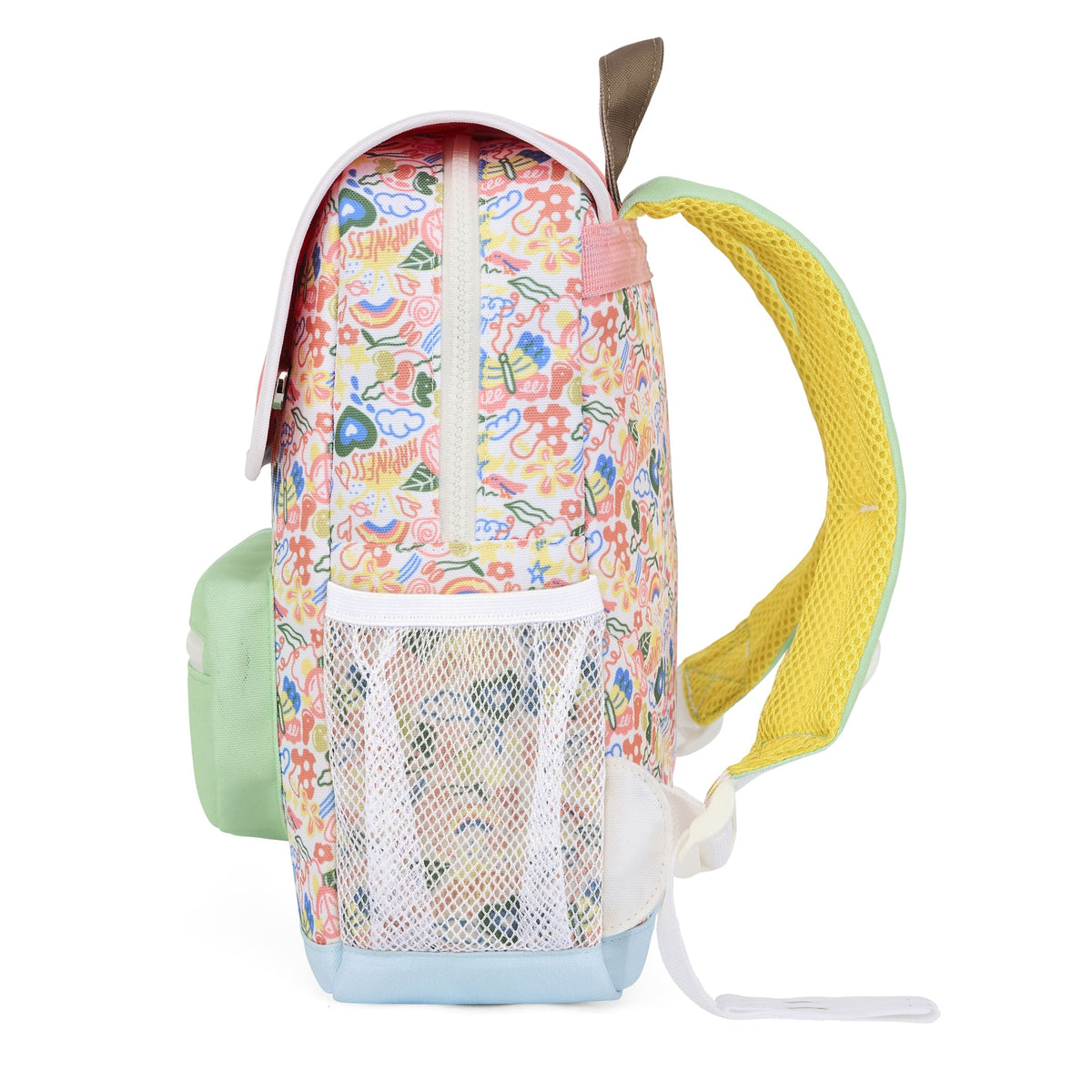 Mochila infantil com estampado de flores multicoloridas e bolso em rede Hello Hossy