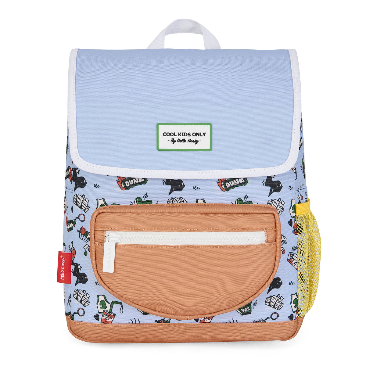 Mochila infantil azul com padrão desporto, bolso Camel, rede amarela Hello Hossy