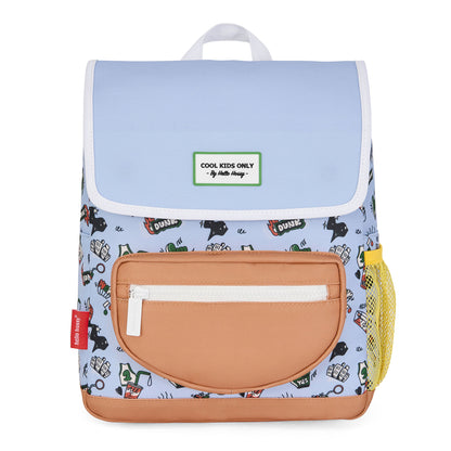 Mochila infantil azul com padrão desporto, bolso Camel, rede amarela Hello Hossy
