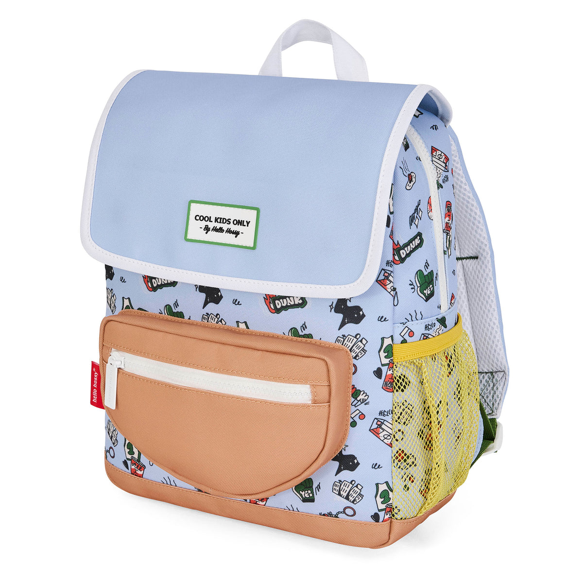 Mochila infantil azul com padrão desporto, bolso Camel, rede amarela Hello Hossy