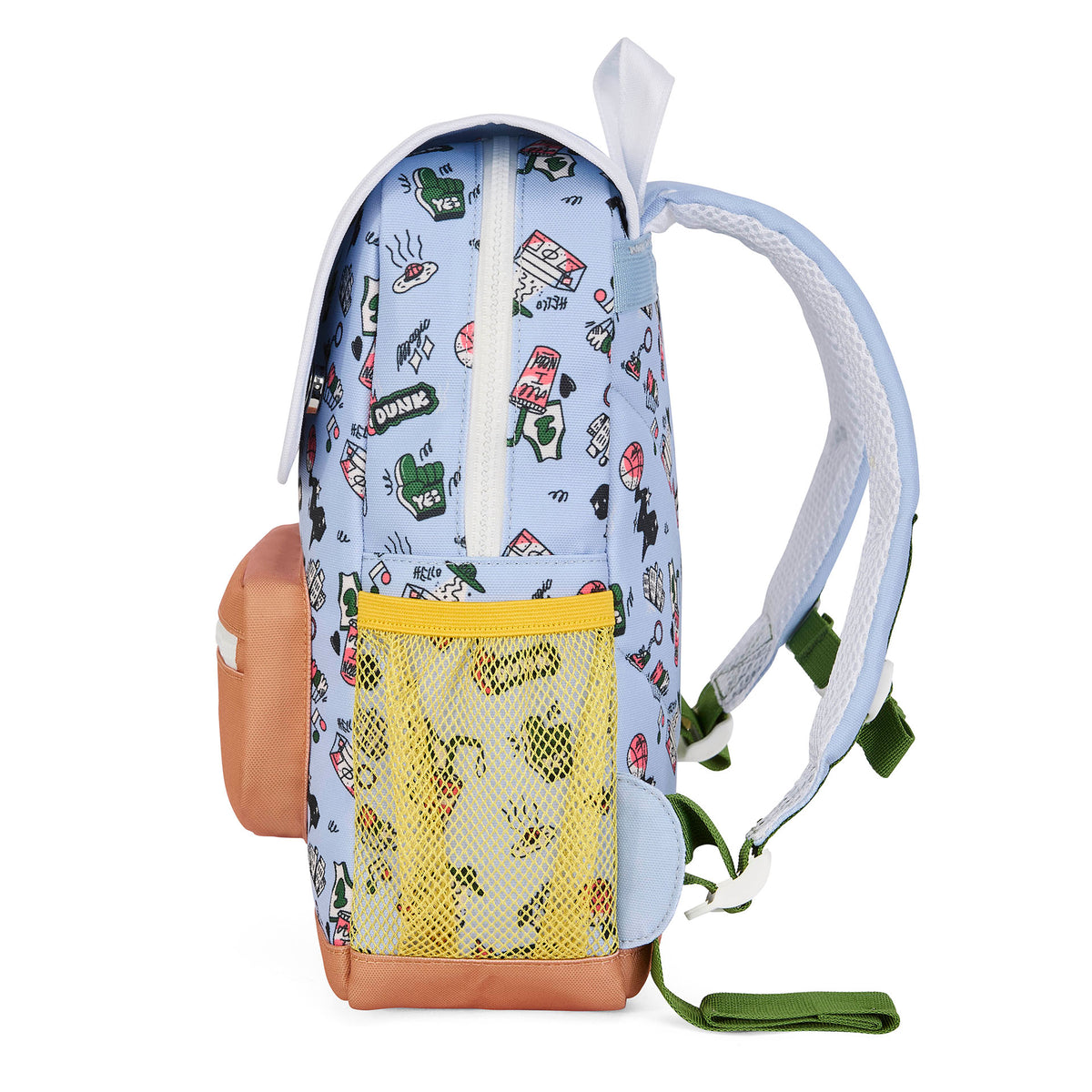 Mochila infantil azul com motivo de desporto, bolso em rede amarelo e base pêssego Hello Hossy