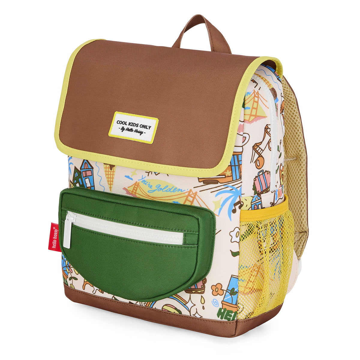 Mochila para criança creme com padrões de viagem USA e bolso em rede amarelo Hello Hossy