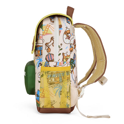 Mochila infantil creme com estampado de viagem USA, bolso em rede amarelo Hello Hossy
