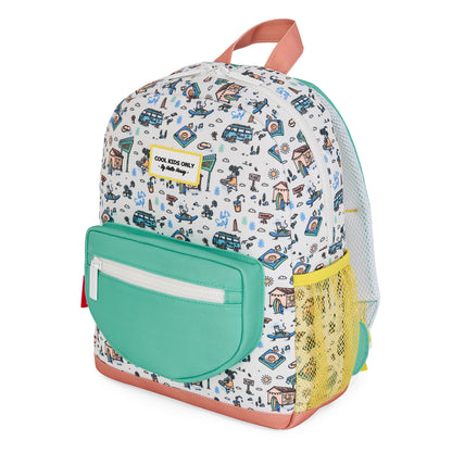 Mochila infantil branca com padrão Carrinha e bolso em rede amarelo Hello Hossy