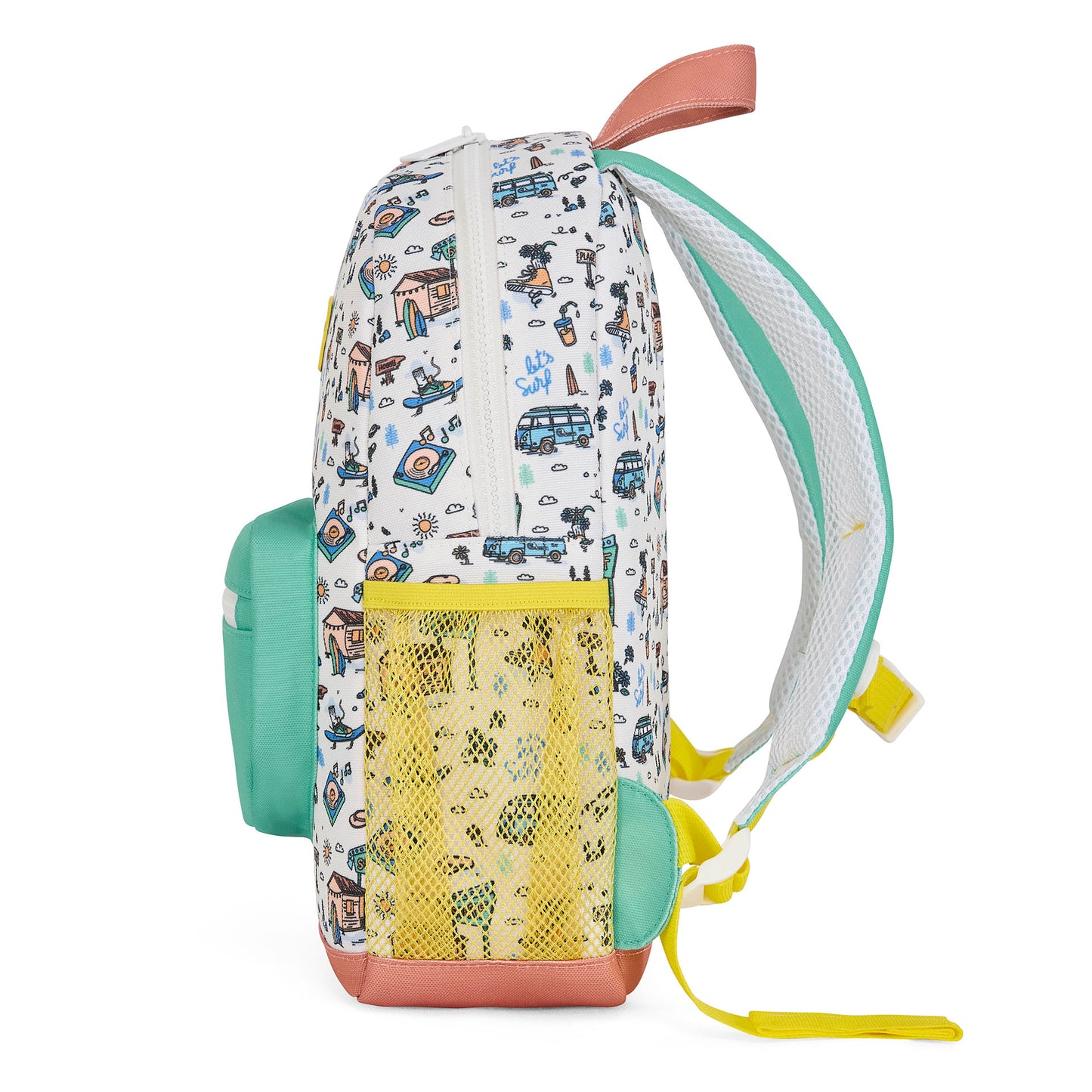 Mochila para criança branca com estampado de viagem, bolso e rede amarela, Hello Hossy