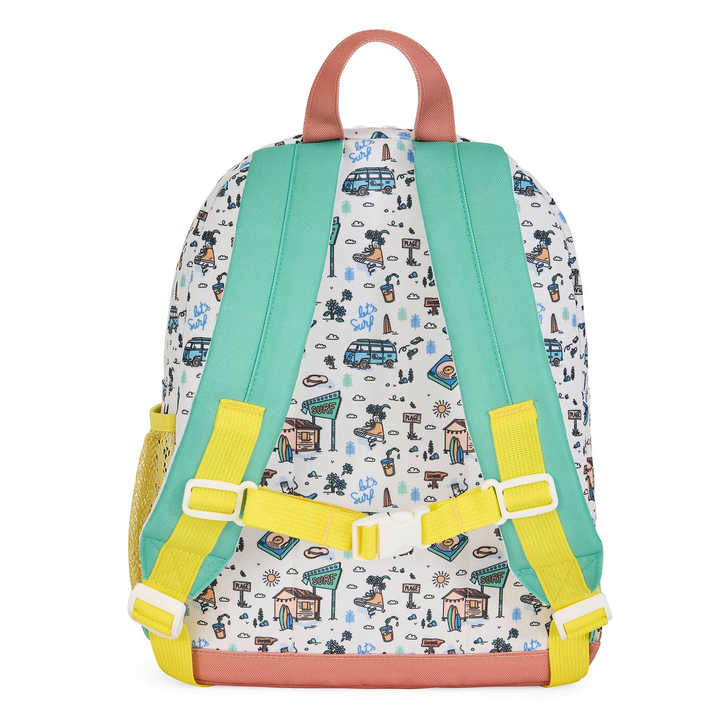 Mochila infantil branca com motivo de viagem, patch azul verde amarelo Hello Hossy