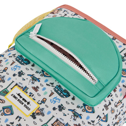 Mochila infantil branca com estampado de viagem e bolso verde-água Hello Hossy