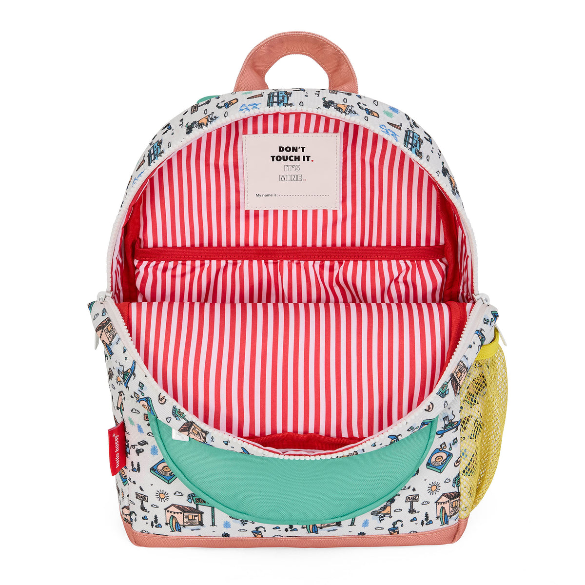 Mochila para criança branca com estampado de viagem, bolso e rede amarela, Hello Hossy