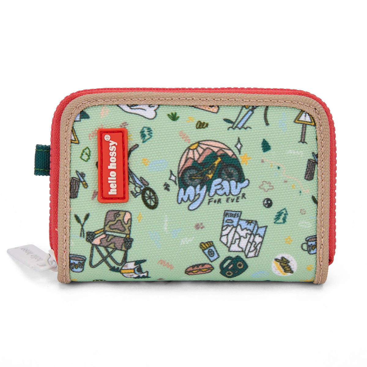Porta-moedas infantil verde com padrão de viagem e bicicleta, rebordo bege Hello Hossy