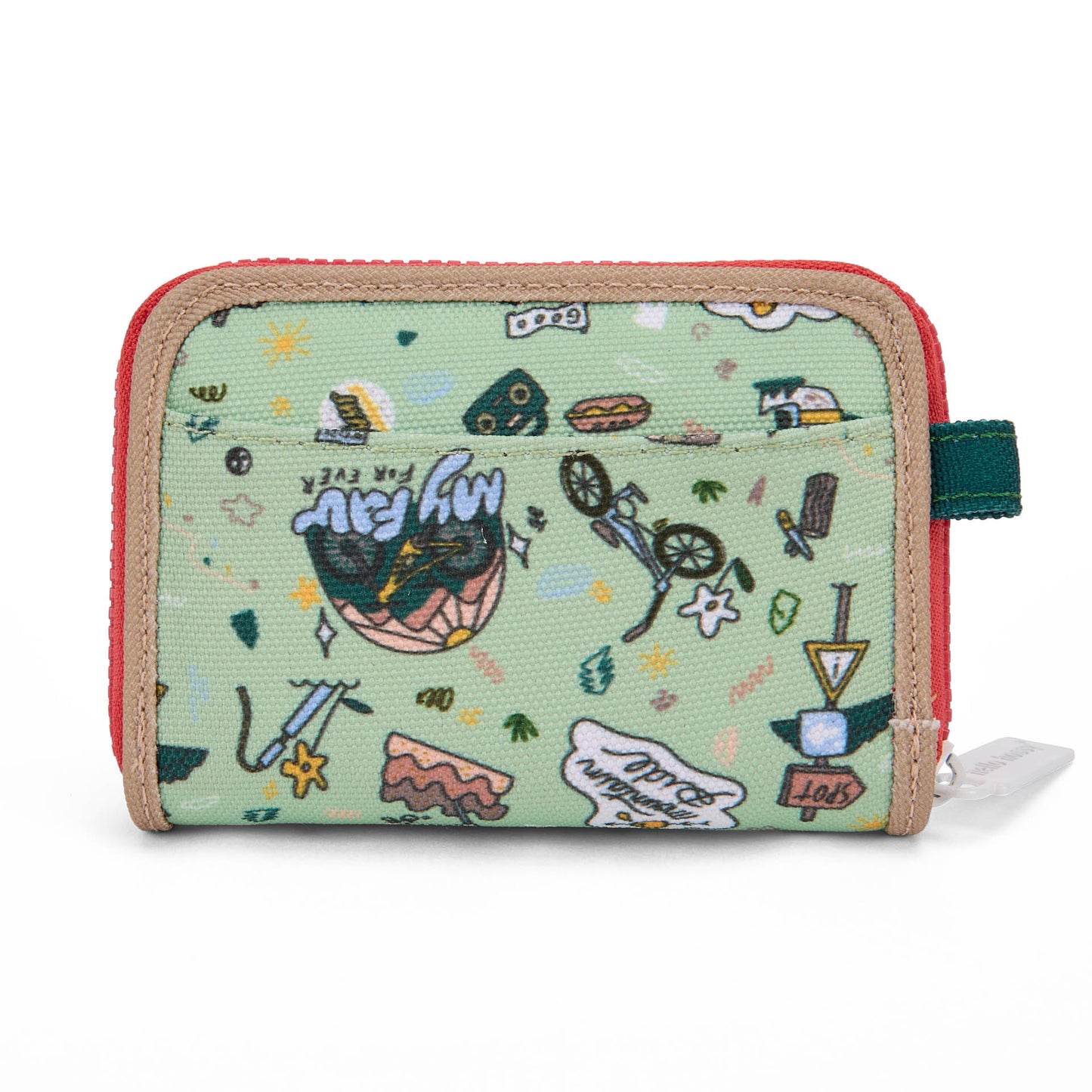 Porta-moedas infantil verde com padrão viagem e bicicleta, rebordo bege e fecho de correr Hello Hossy