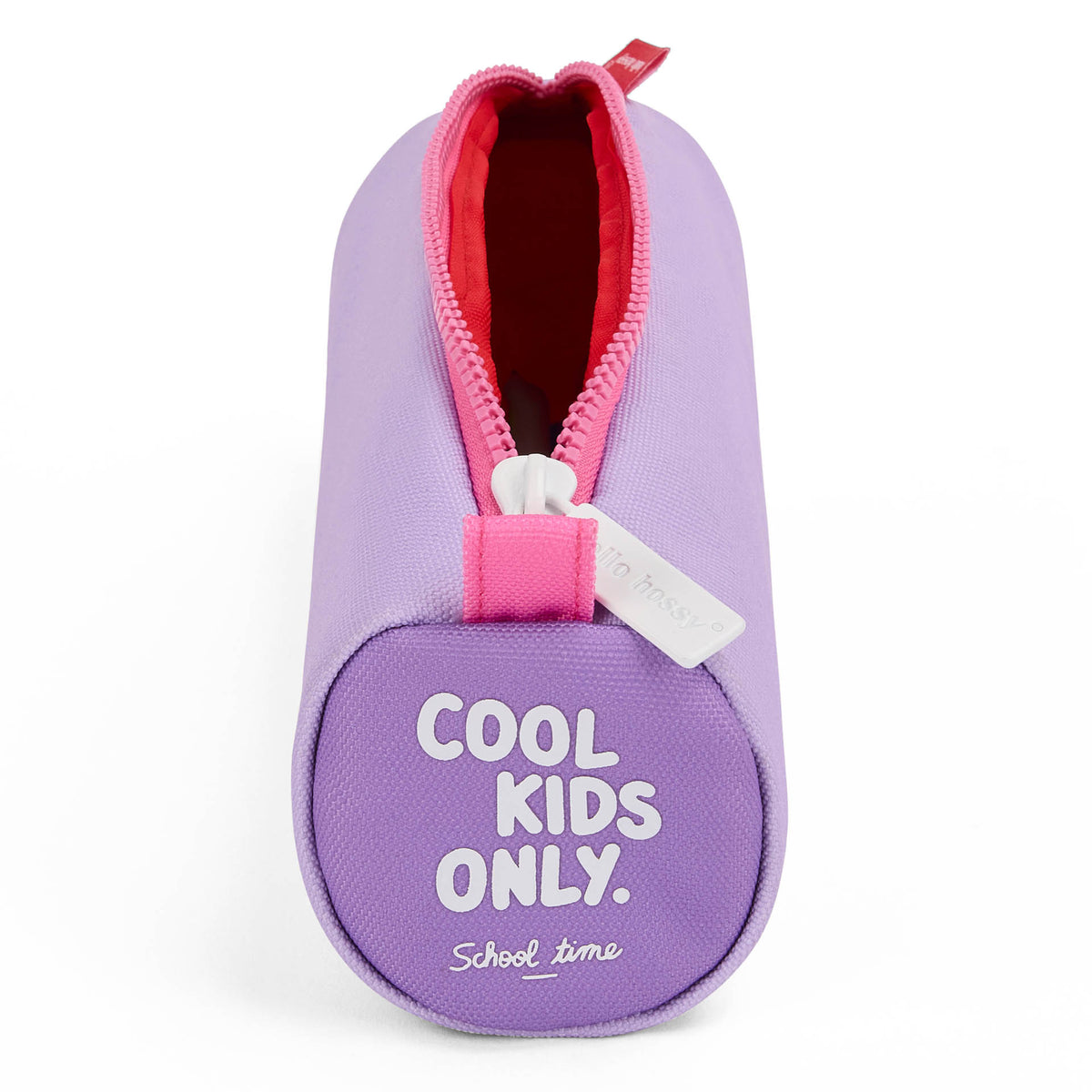 Estojo escolar infantil violeta com fecho rosa e inscrição Cool Kids Only Hello Hossy