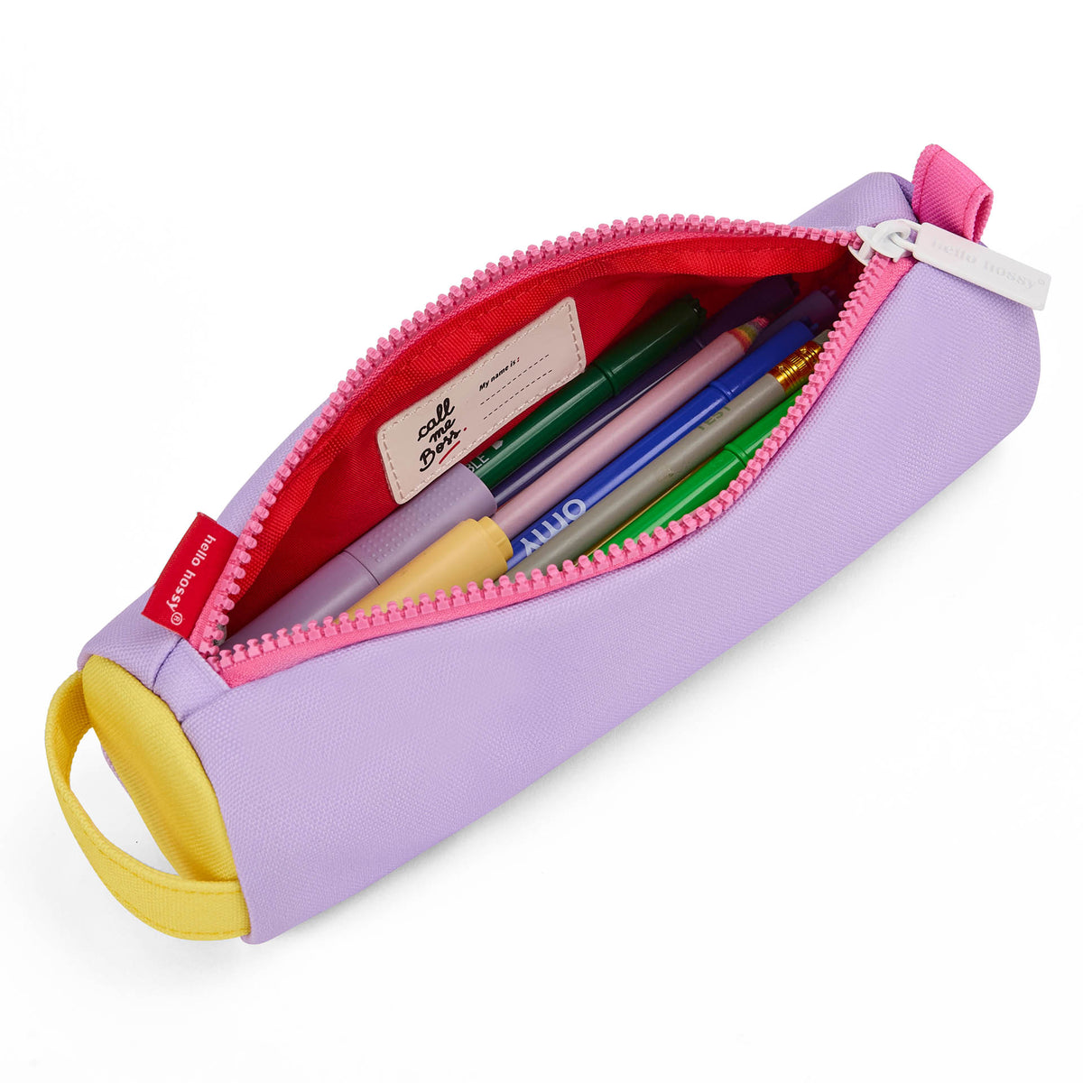 Estojo escolar infantil violeta com interior vermelho e fecho rosa Hello Hossy