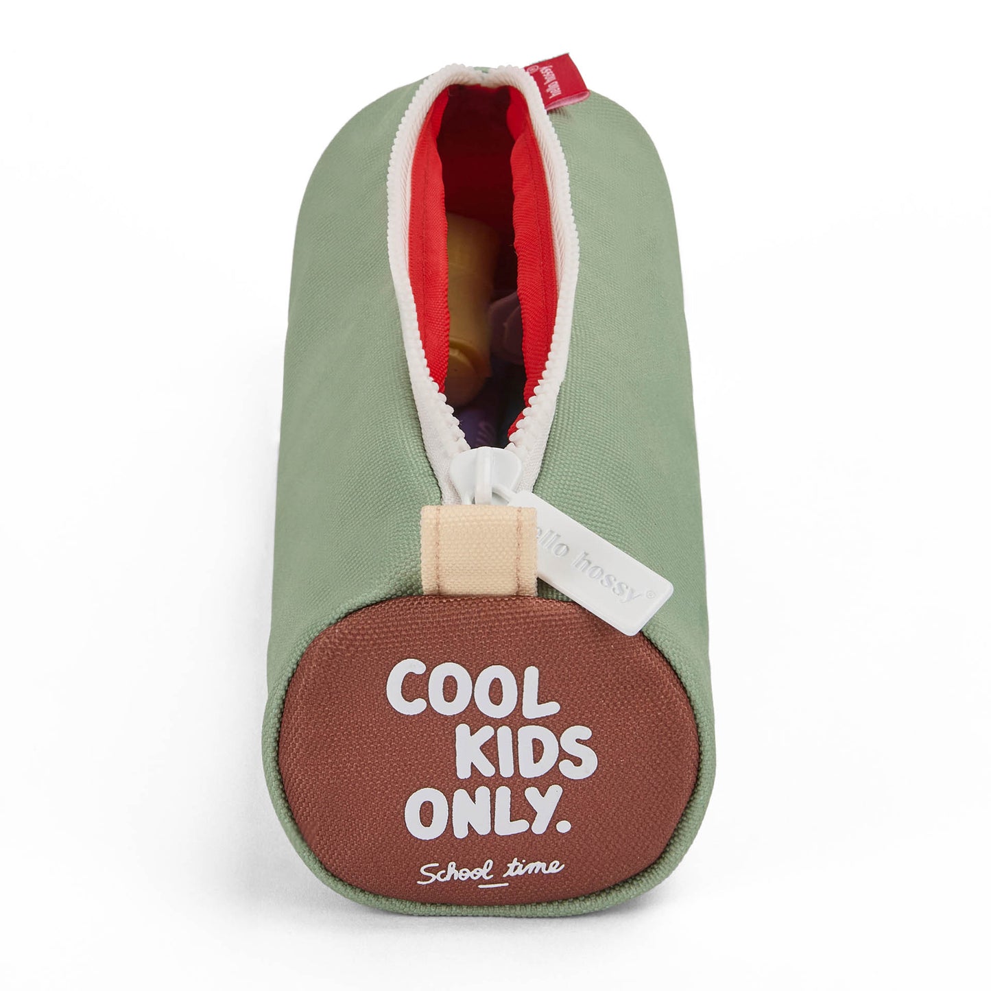 Estojo escolar infantil verde com abertura de fecho vermelho e inscrição Cool Kids Only Hello Hossy