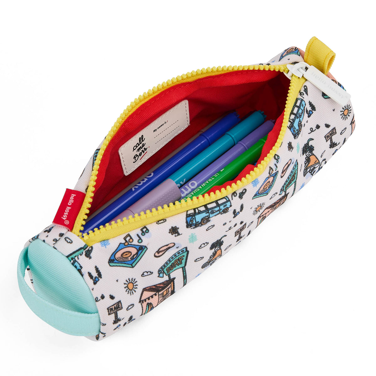 Estojo escolar de criança branco com estampado de viagem, fecho amarelo e interior vermelho Hello Hossy