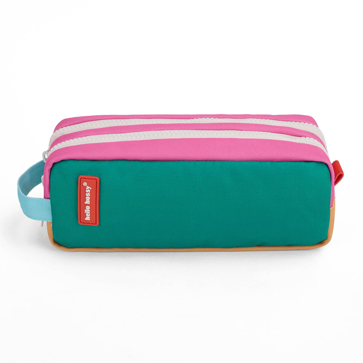 Estojo escolar infantil verde e rosa com fecho duplo Hello Hossy