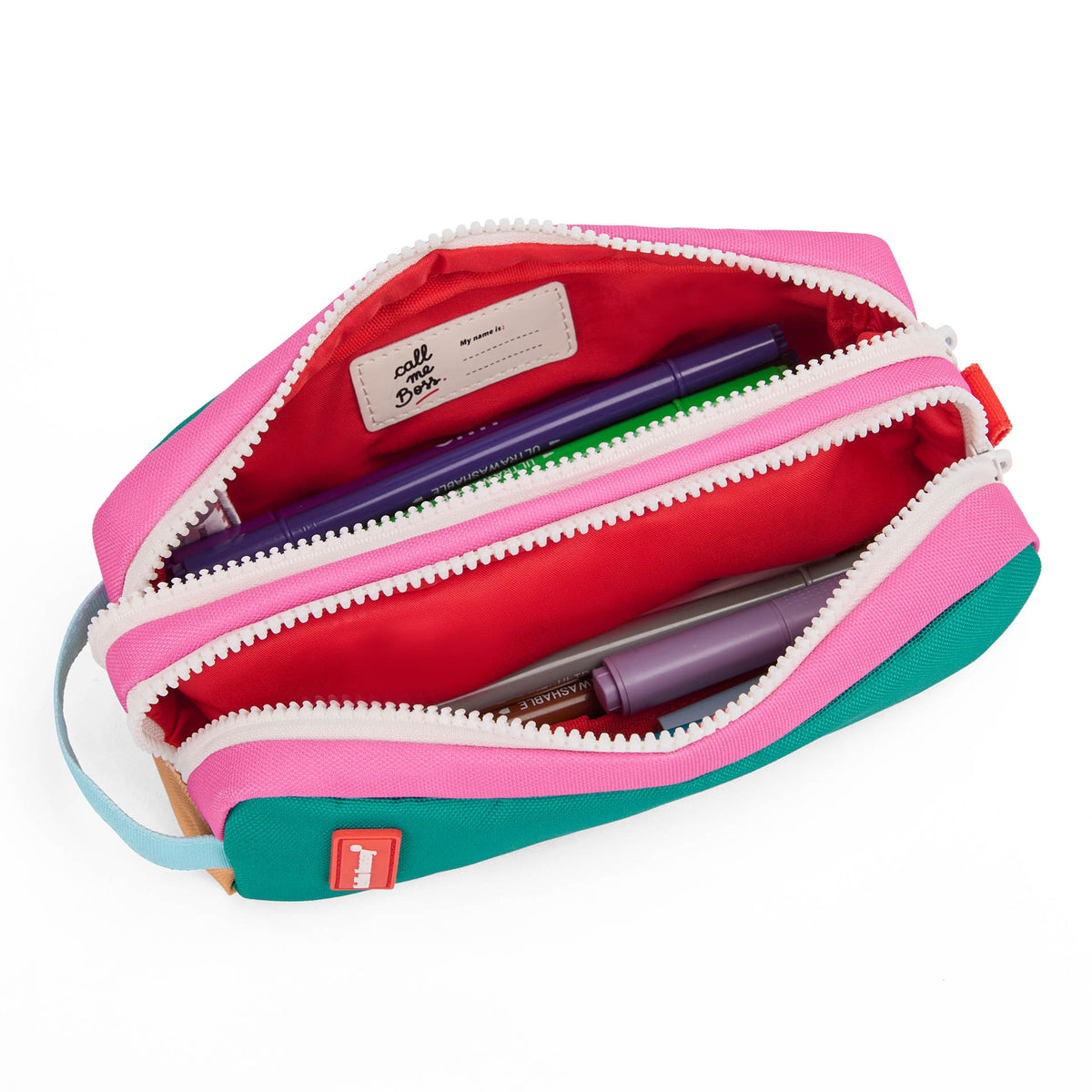 estojo escolar infantil verde rosa, compartimento duplo, interior vermelho Hello Hossy