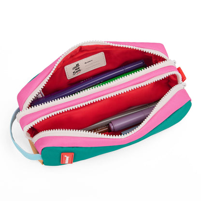 estojo escolar infantil verde rosa, compartimento duplo, interior vermelho Hello Hossy