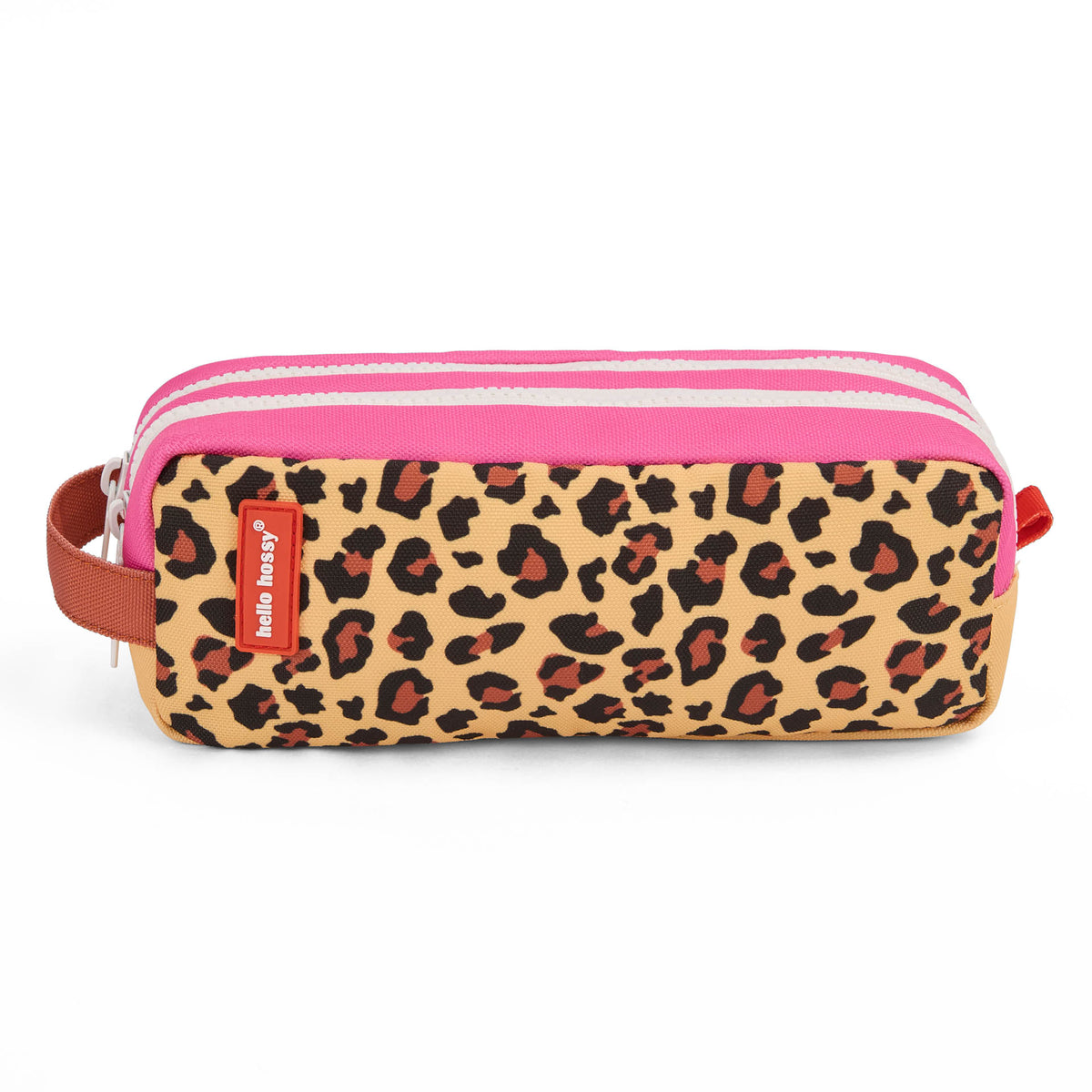 Estojo escolar infantil bege com padrão leopard, fecho duplo rosa Hello Hossy