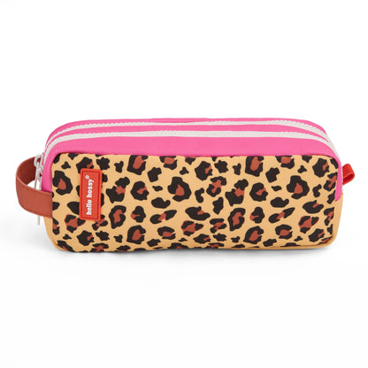 Estojo escolar infantil bege com padrão leopard, fecho duplo rosa Hello Hossy