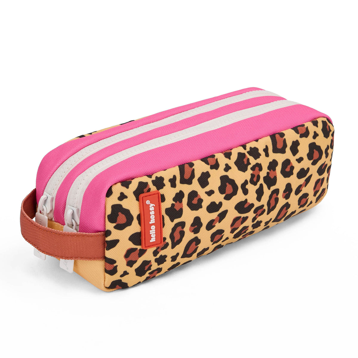 Estojo escolar infantil bege com estampado leopard, fecho duplo e detalhe rosa Hello Hossy