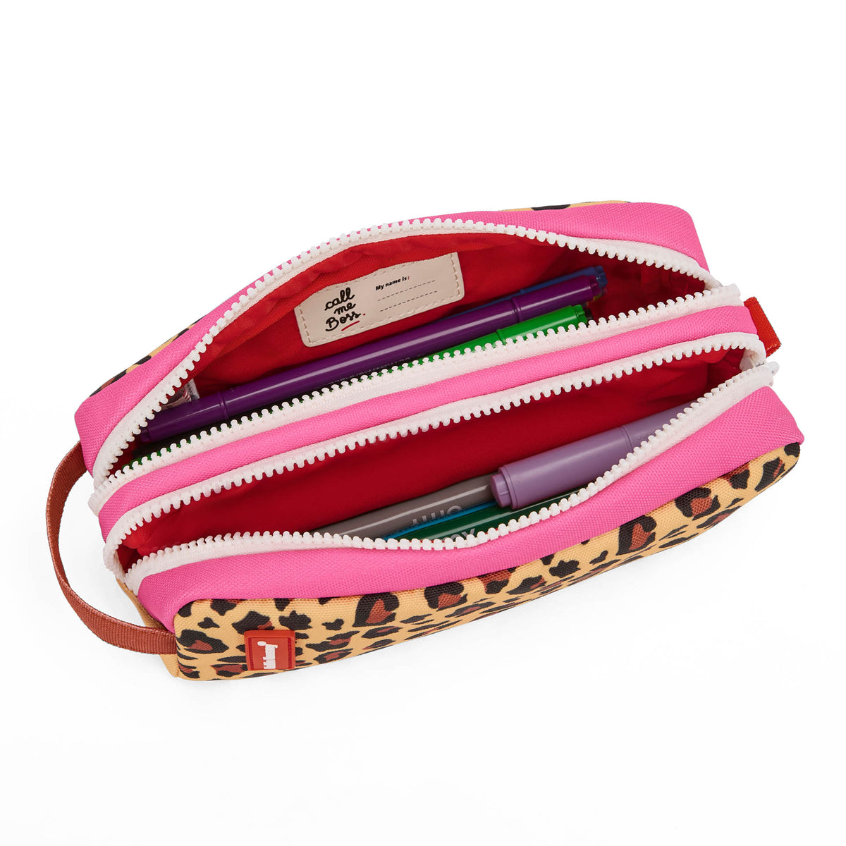 Estojo escolar para criança bege com estampado leopard e compartimento duplo Hello Hossy