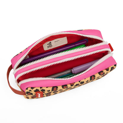 Estojo escolar para criança bege com estampado leopard e compartimento duplo Hello Hossy