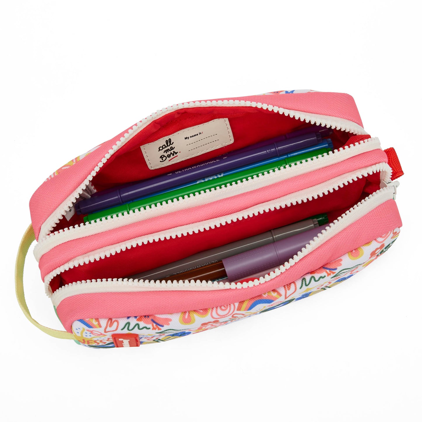 Estojo escolar infantil branco e rosa com estampado de arte floral e compartimento duplo Hello Hossy