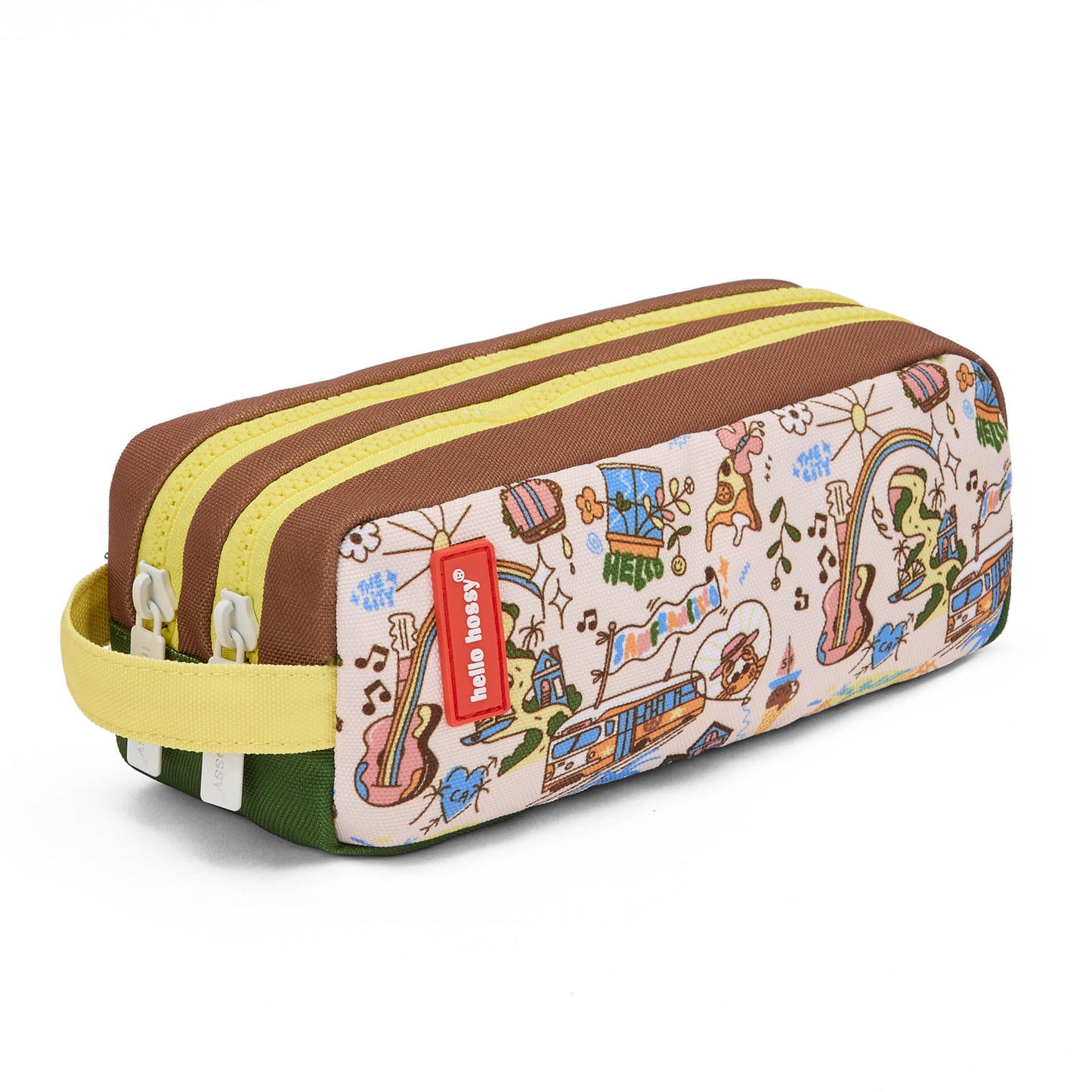 Estojo escolar infantil castanho e creme com motivo de viagem USA e fecho duplo Hello Hossy
