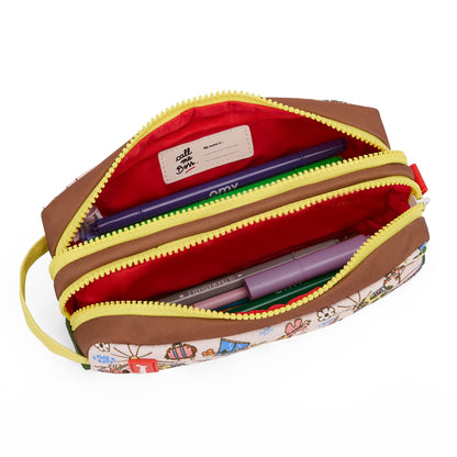 Estojo escolar infantil castanho e creme, padrões de viagem, fecho amarelo Hello Hossy
