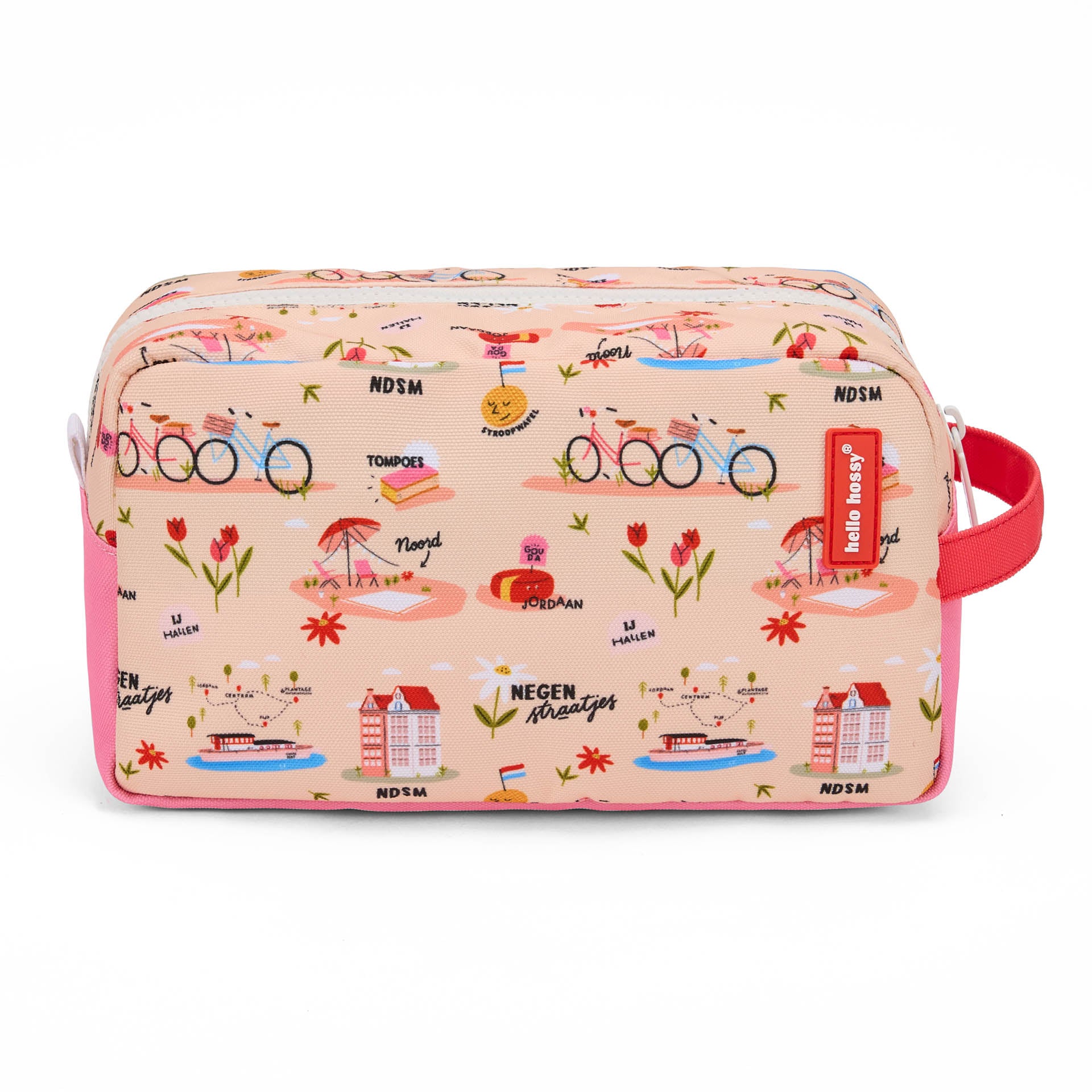 Nécessaire infantil rosa com padrão de bicicleta e viagem, pega vermelha Hello Hossy