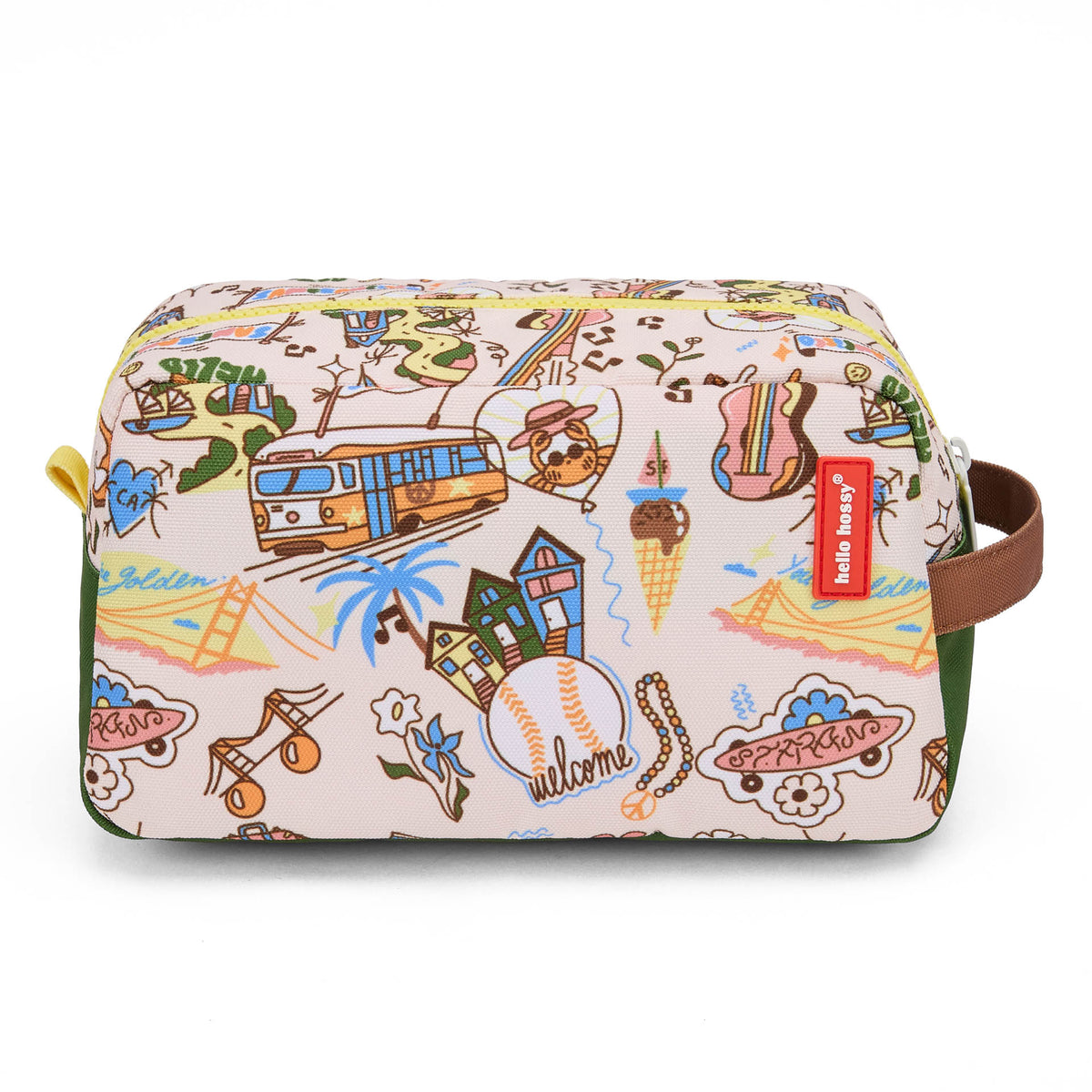 Nécessaire infantil creme com padrão de viagem USA, etiqueta vermelha e pega castanha Hello Hossy