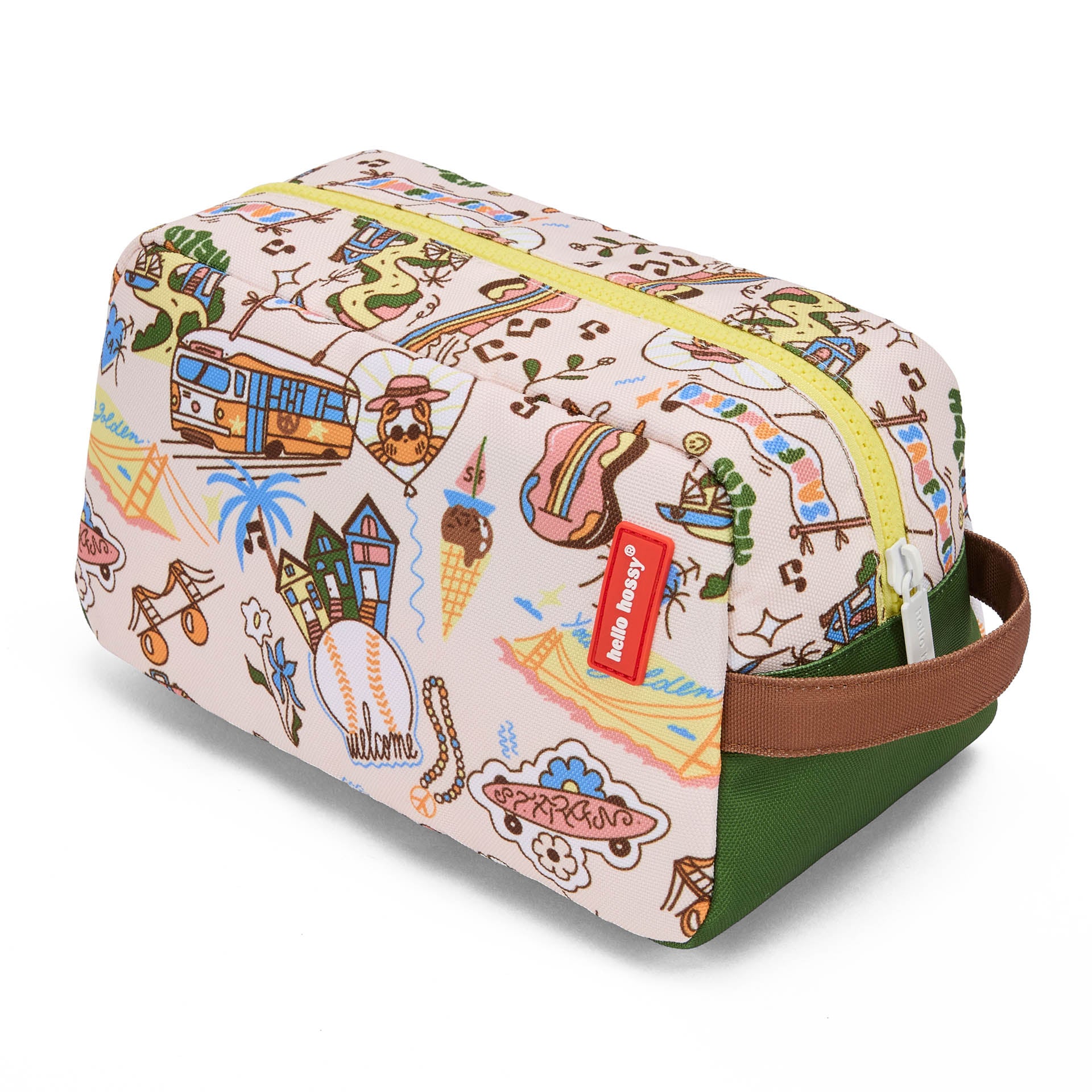Nécessaire infantil creme e verde com padrão de viagem USA, fecho de correr Hello Hossy
