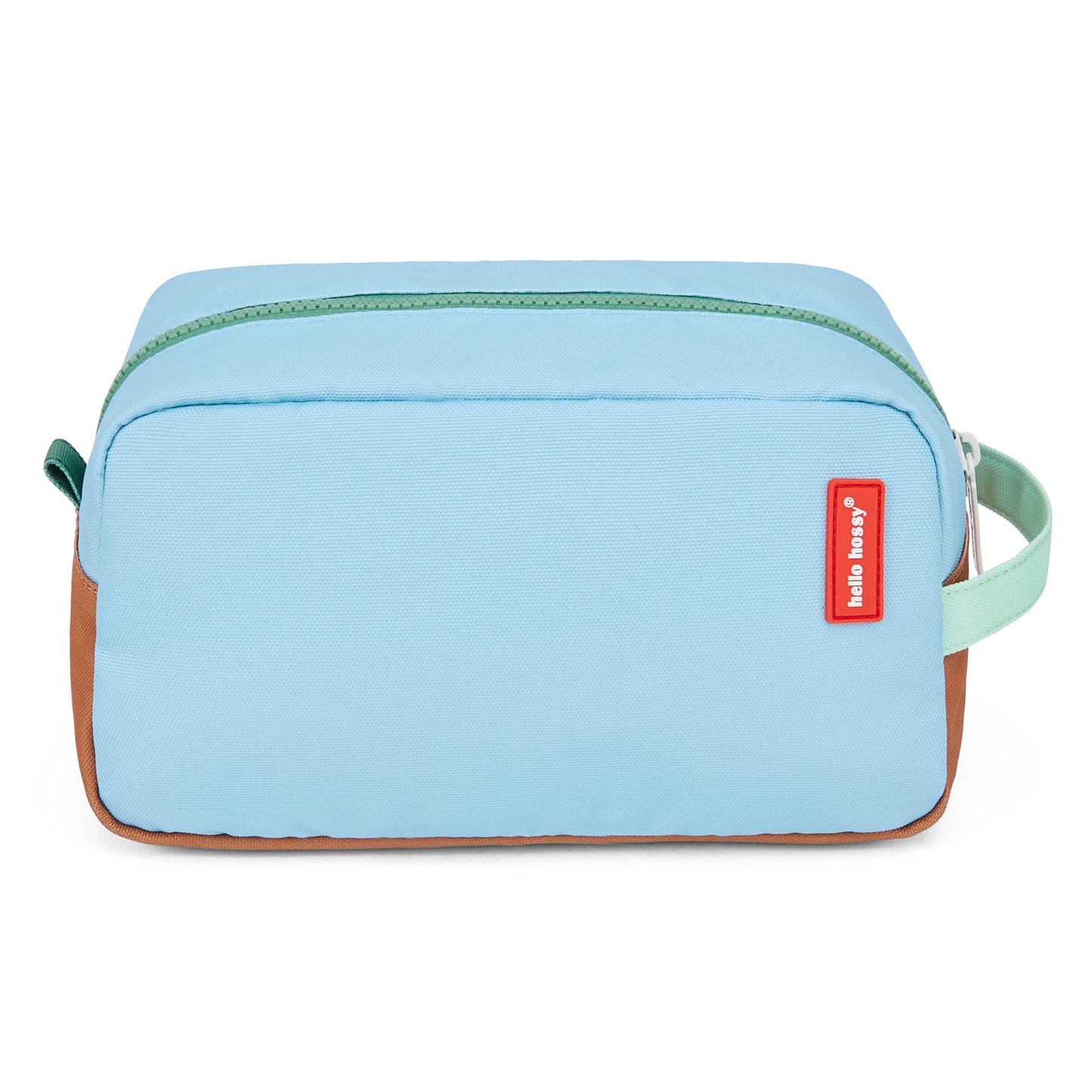 Nécessaire infantil azul com fecho verde, rebordo castanho e etiqueta vermelha Hello Hossy