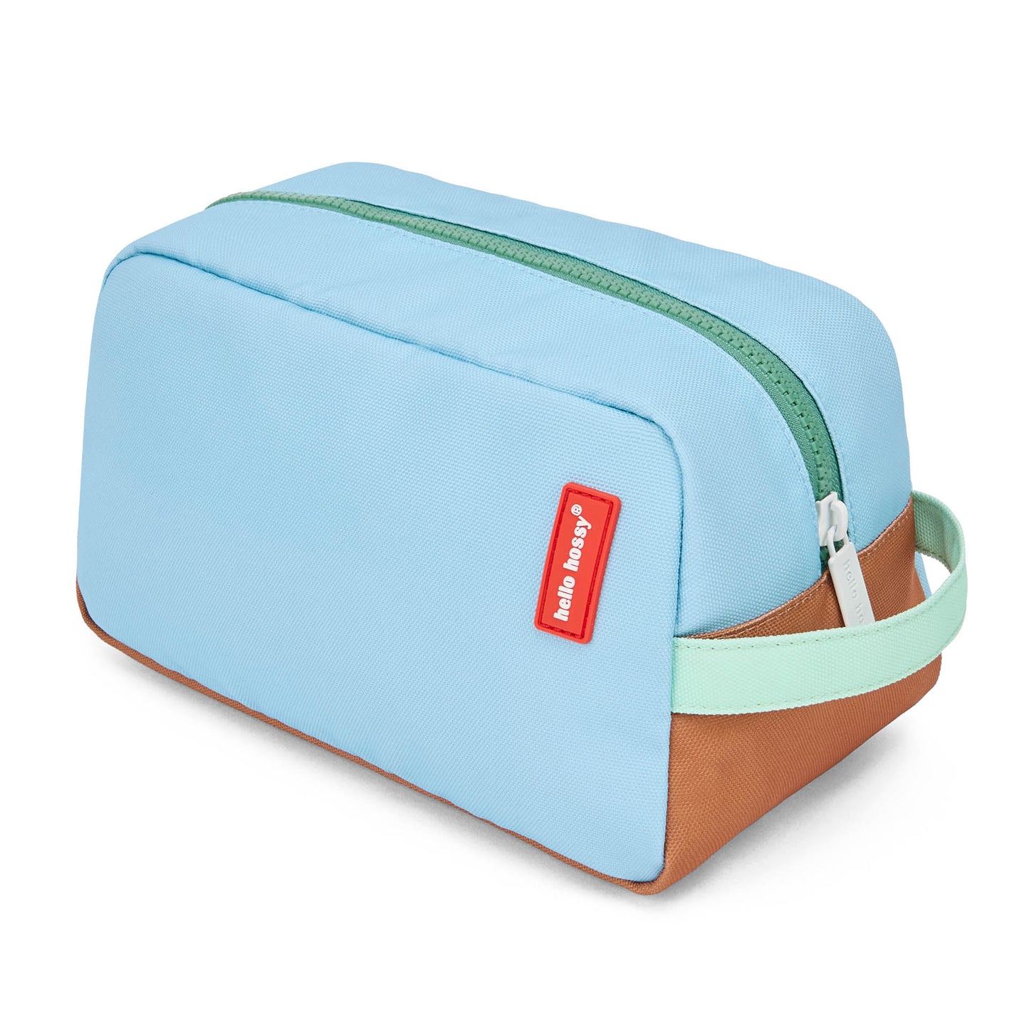 Nécessaire infantil azul com fecho verde, base castanha e etiqueta vermelha Hello Hossy