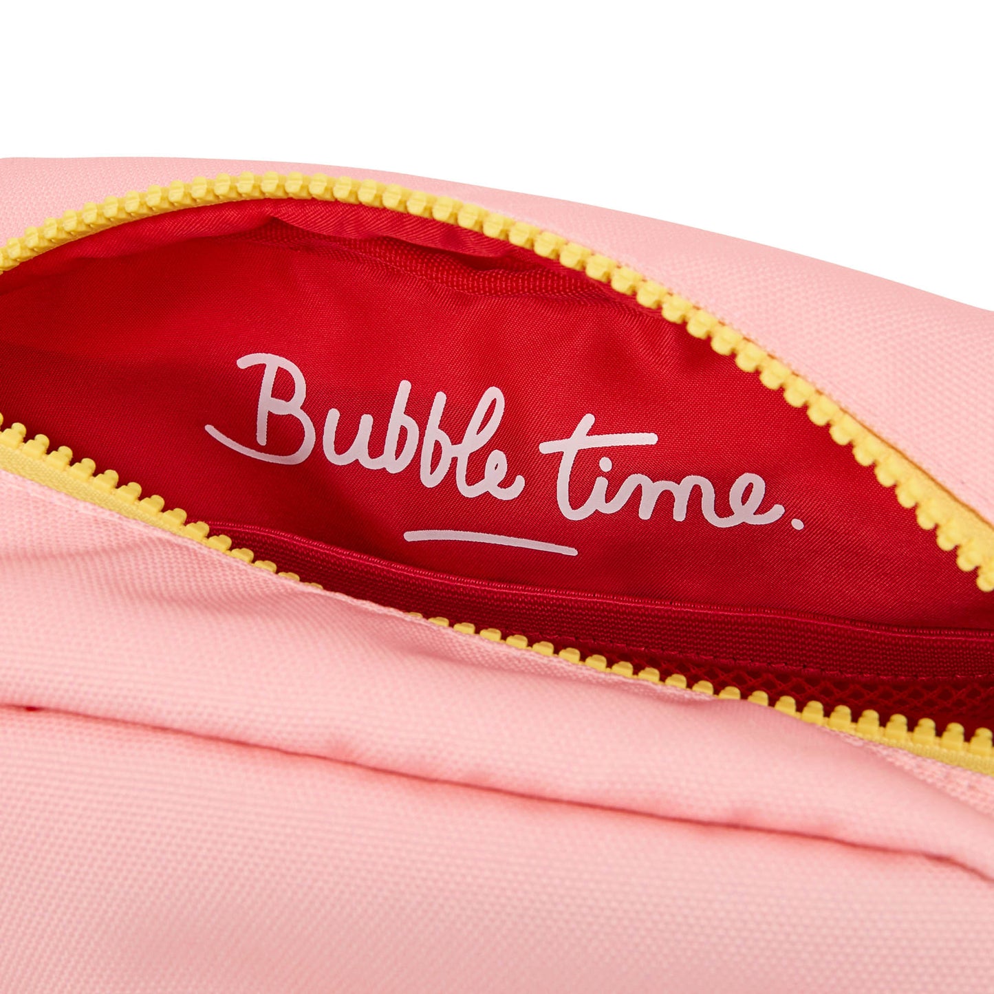 Nécessaire para criança rosa, forro vermelho, fecho amarelo, inscrição Bubble time, Hello Hossy