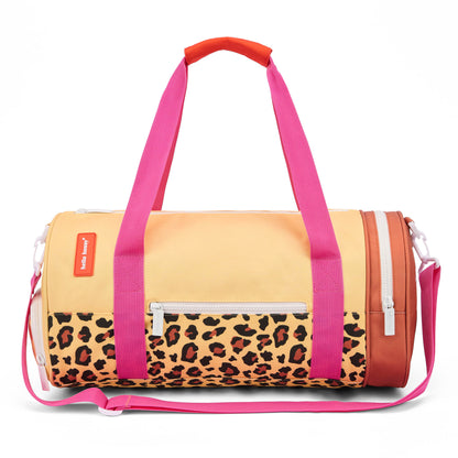 Saco de desporto para criança bege com padrão leopard, bolsos com fecho e alças rosa Hello Hossy