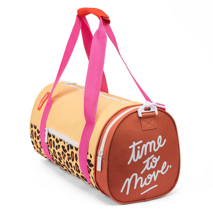 Saco de desporto infantil bege com estampado leopard, pegas rosas, detalhe laranja Hello Hossy